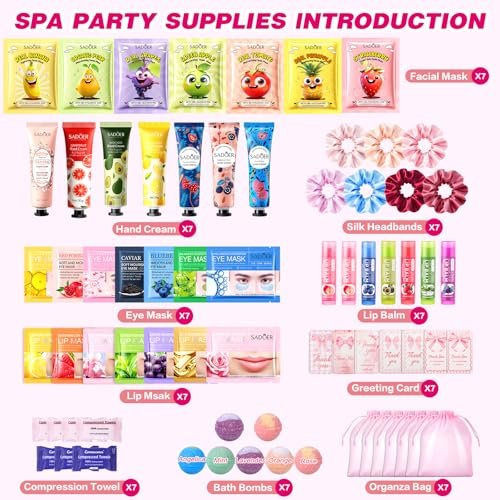 HHXI 70 PCS Spa Party Supplies for Girls - Spa Party Favors with Face Masks, Skincare, Hand Cream, Lip Balm, Under Eye Patches, Lip Mask, and Foot Bath Bombs - Spa Birthday Sleepover Party Supplies Avelisse