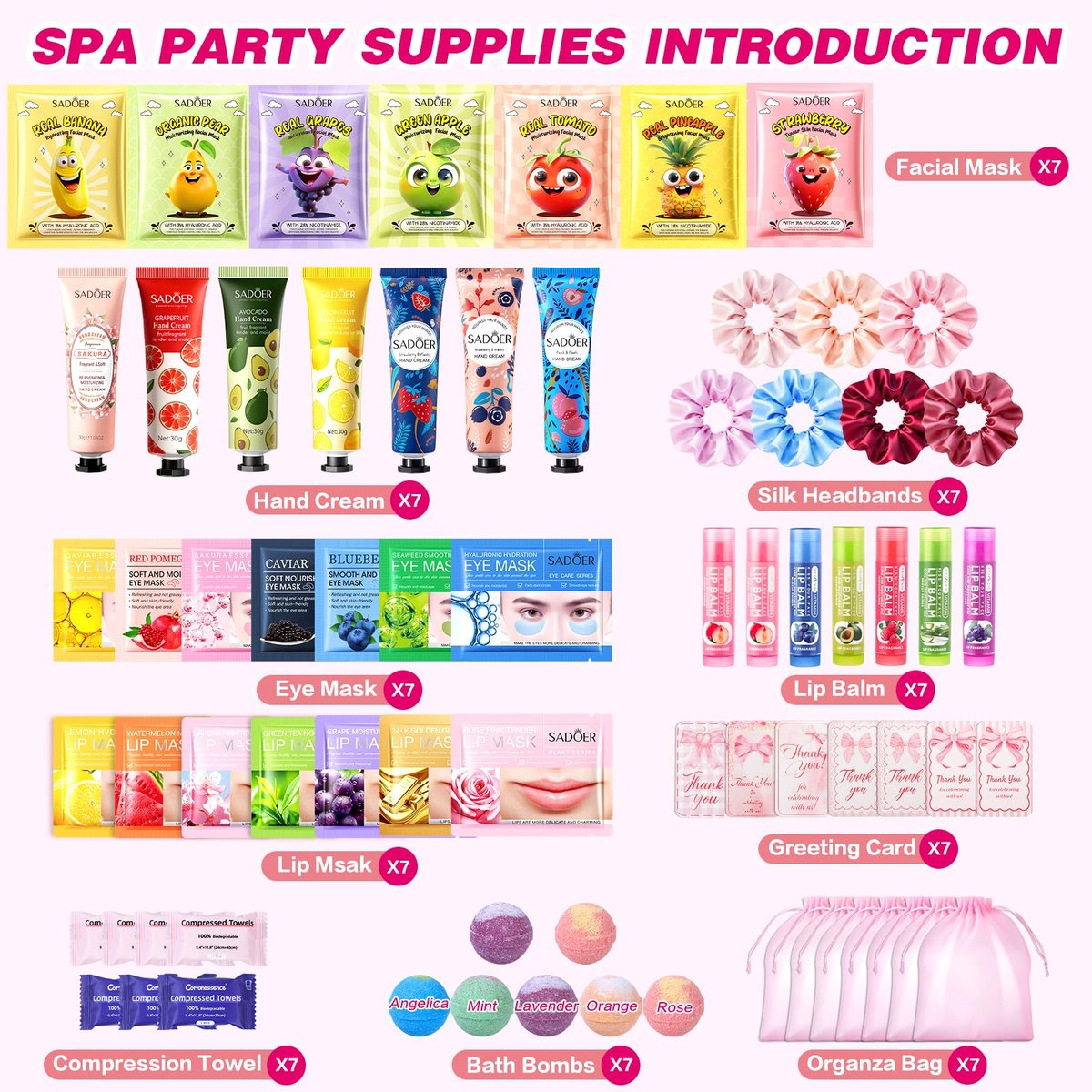 HHXI 70 PCS Spa Party Supplies for Girls - Spa Party Favors with Face Masks, Skincare, Hand Cream, Lip Balm, Under Eye Patches, Lip Mask, and Foot Bath Bombs - Spa Birthday Sleepover Party Supplies Avelisse