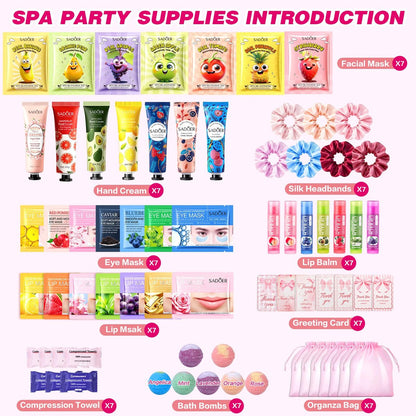 HHXI 70 PCS Spa Party Supplies for Girls - Spa Party Favors with Face Masks, Skincare, Hand Cream, Lip Balm, Under Eye Patches, Lip Mask, and Foot Bath Bombs - Spa Birthday Sleepover Party Supplies Avelisse