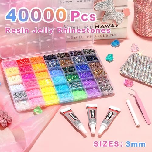 ALTRJO 40000Pcs 42 Colors Resin Jelly Rhinestones for Bedazzling, 3mm Multicolor Resin Flatback Gems for Diamond Art, Bedazzler Kit with 3Pcs 10ml B7000 Jewelry Glue for DIY Crafting Book Shoes Avelisse