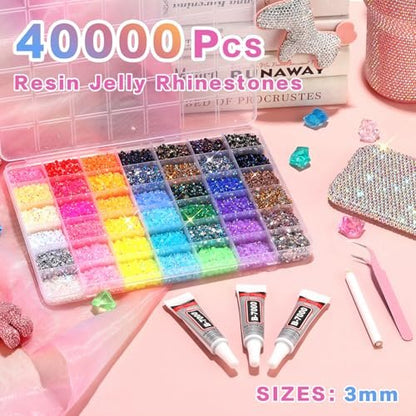 ALTRJO 40000Pcs 42 Colors Resin Jelly Rhinestones for Bedazzling, 3mm Multicolor Resin Flatback Gems for Diamond Art, Bedazzler Kit with 3Pcs 10ml B7000 Jewelry Glue for DIY Crafting Book Shoes Avelisse