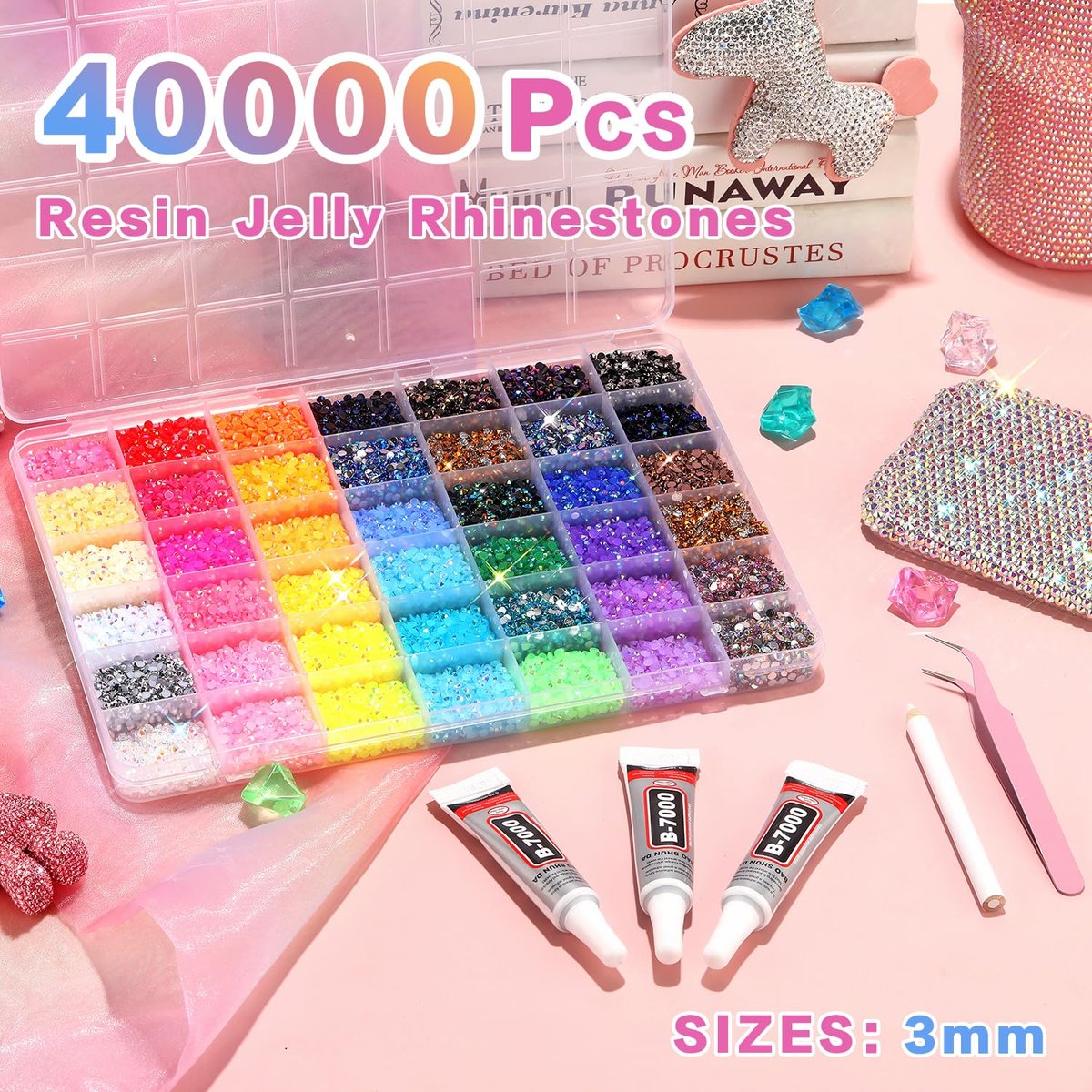 ALTRJO 40000Pcs 42 Colors Resin Jelly Rhinestones for Bedazzling, 3mm Multicolor Resin Flatback Gems for Diamond Art, Bedazzler Kit with 3Pcs 10ml B7000 Jewelry Glue for DIY Crafting Book Shoes Avelisse