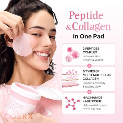 COSRX OneStep Original Peptide Collagen Lifting Glow Pad – 100 Pads | Plumping Toner Pads for Elasticity & Makeup Prep