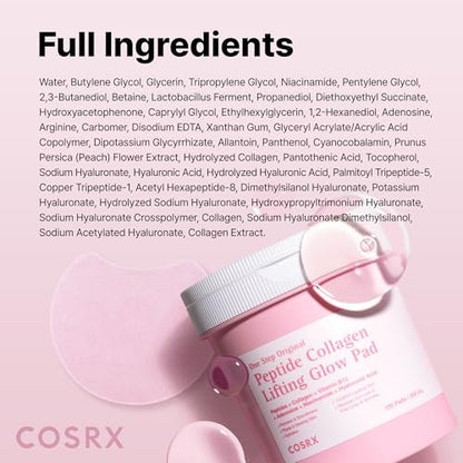 COSRX OneStep Original Peptide Collagen Lifting Glow Pad – 100 Pads | Plumping Toner Pads for Elasticity & Makeup Prep