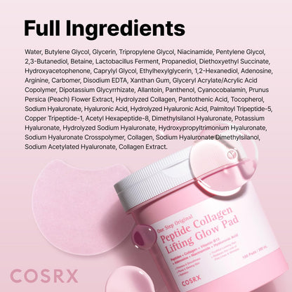 COSRX OneStep Original Peptide Collagen Lifting Glow Pad – 100 Pads | Plumping Toner Pads for Elasticity & Makeup Prep