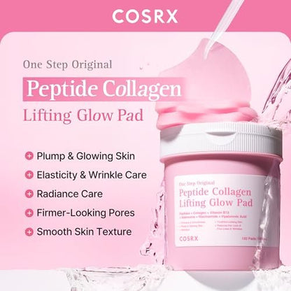 COSRX OneStep Original Peptide Collagen Lifting Glow Pad – 100 Pads | Plumping Toner Pads for Elasticity & Makeup Prep