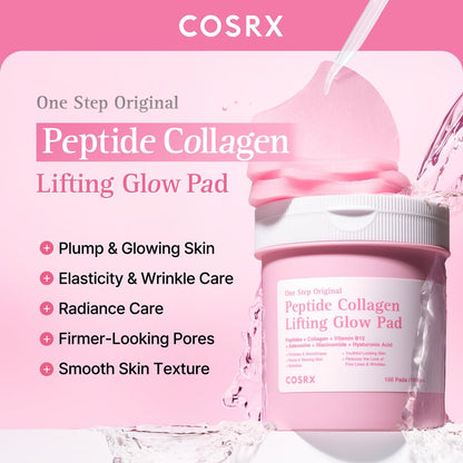 COSRX OneStep Original Peptide Collagen Lifting Glow Pad – 100 Pads | Plumping Toner Pads for Elasticity & Makeup Prep