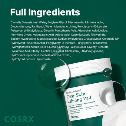 COSRX OneStep Original Clear Skin Calming Pad - 100 Pads, Dual-Sided Facial Pad with Green Tea Water & Cica for Soothing, Barrier Strengthening & Gentle Exfoliation