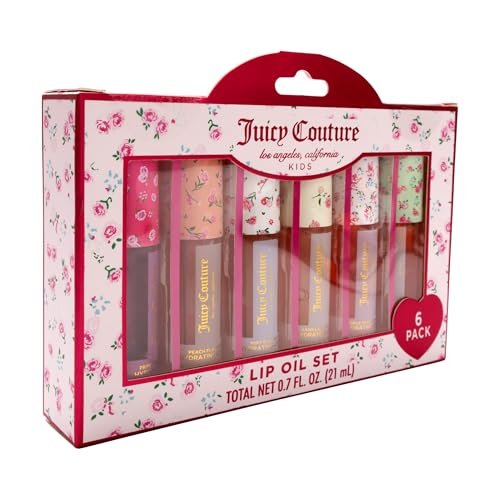 Juicy Couture Kids Hydrating Lip Oil Set – 6 Pack Floral Tubes, Tinted Lip Oil Gift Set for Girls and Tweens Avelisse