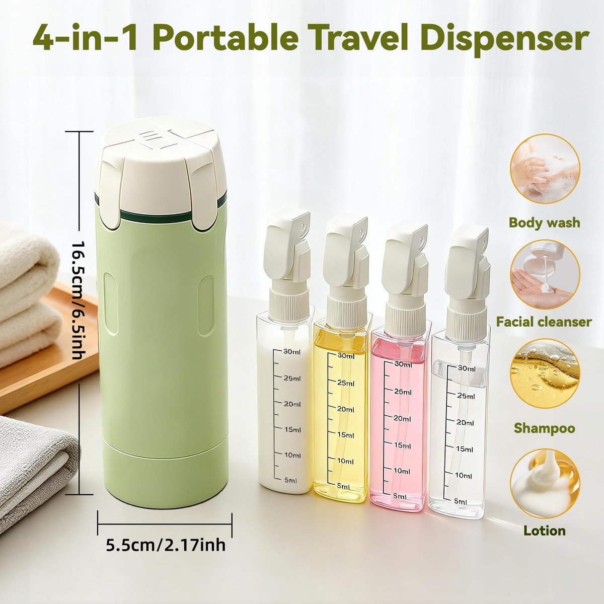 4 in 1 Travel Dispenser Set – Leak Proof Refillable Shampoo and Conditioner Bottles for Vacation & Business Travel (120ml, Green) - görsel 3