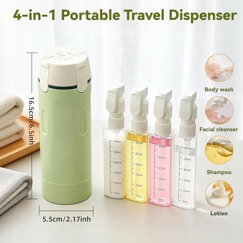 4 in 1 Travel Dispenser Set – Leak Proof Refillable Shampoo and Conditioner Bottles for Vacation & Business Travel (120ml, Green) - görsel 4