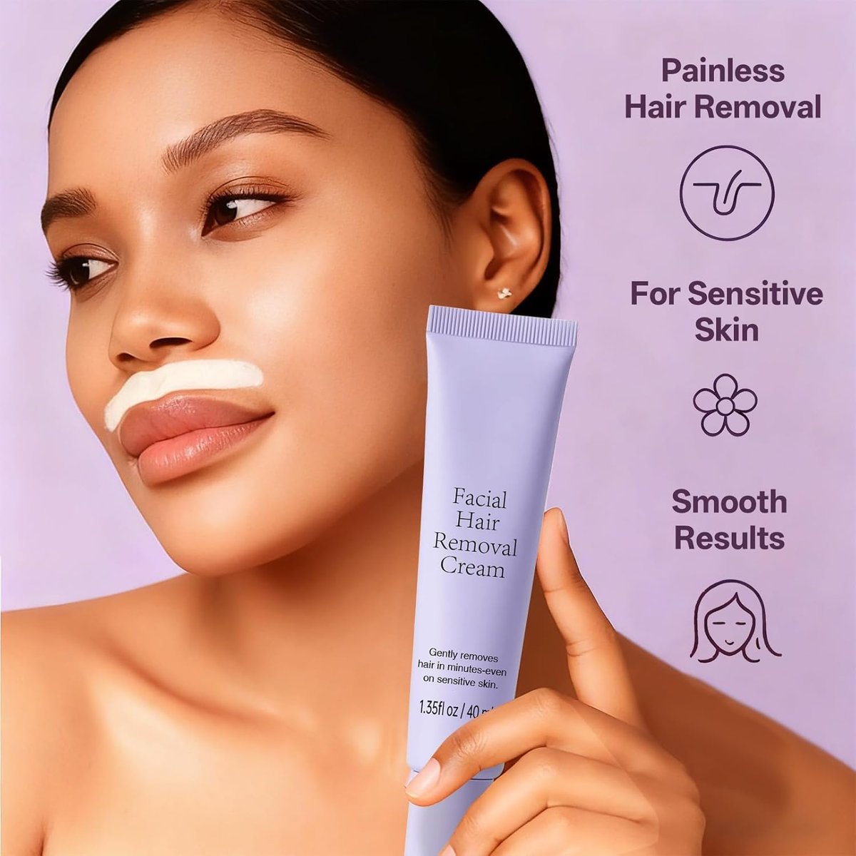 Facial Hair Removal Cream for Women – Painless 2-in-1 Depilatory Kit for Sensitive Skin, Upper Lip & Chin Hair Remover, Quick 4 Min Plant-Powered Formula with Soothing Cream, 1.52 Fl Oz Avelisse