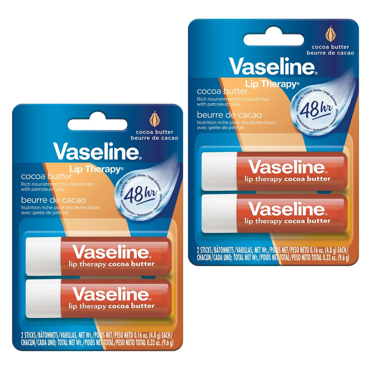 Vaseline Lip Therapy Cocoa Butter Twin Stick - 48 Hour Moisturization, 2 Count - görsel 1