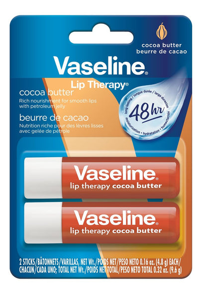 Vaseline Lip Therapy Cocoa Butter Twin Stick - 48 Hour Moisturization, 2 Count