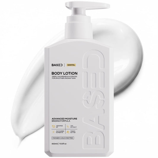 BASED Body Lotion with Ceramides - Santal Scent Men's Hydrating Moisturizer - Fast Absorbing Non Greasy Formula - Softens Dry Skin - Formulated & Filled in USA (13.5 Fl Oz) Avelisse