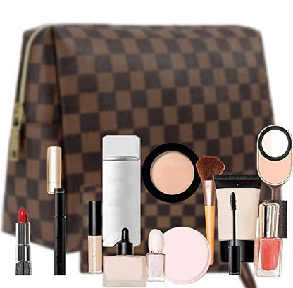 BAGCRAZY Checkered Makeup Bag Set - Elegant Travel Cosmetic Bag 2 Pack, Waterproof PU Leather Makeup Organizer for Women Avelisse