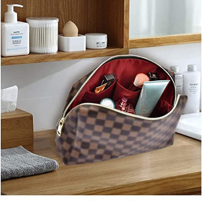 BAGCRAZY Checkered Makeup Bag Set - Elegant Travel Cosmetic Bag 2 Pack, Waterproof PU Leather Makeup Organizer for Women Avelisse