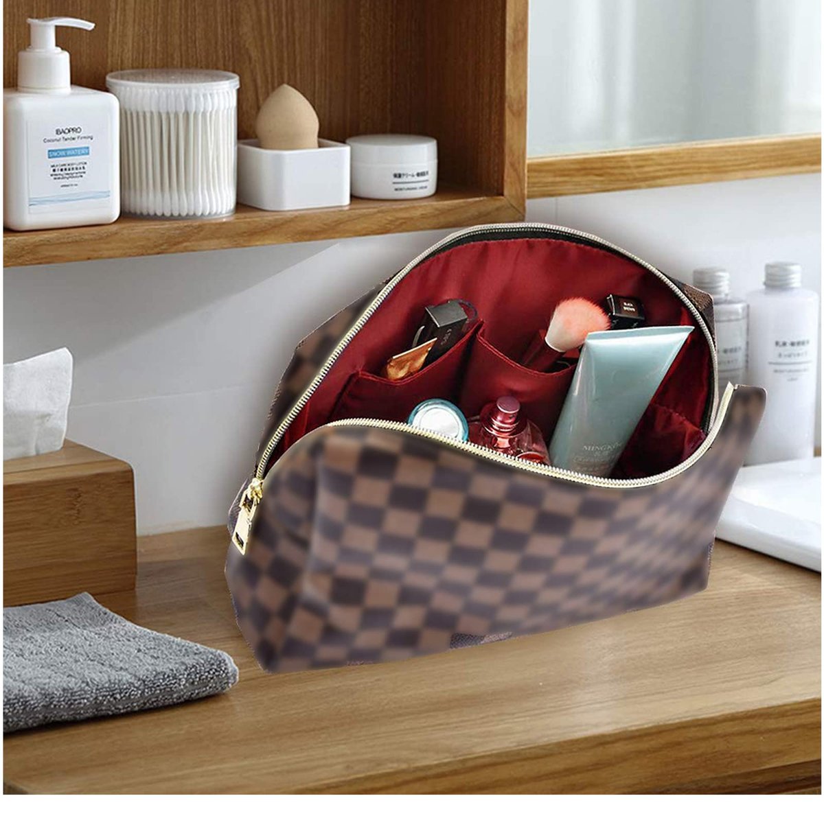 BAGCRAZY Checkered Makeup Bag Set - Elegant Travel Cosmetic Bag 2 Pack, Waterproof PU Leather Makeup Organizer for Women Avelisse