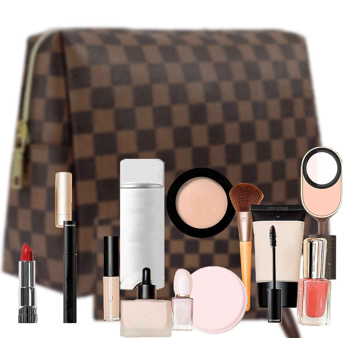 BAGCRAZY Checkered Makeup Bag Set - Elegant Travel Cosmetic Bag 2 Pack, Waterproof PU Leather Makeup Organizer for Women Avelisse