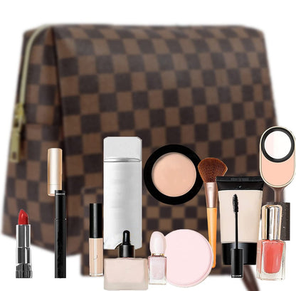 BAGCRAZY Checkered Makeup Bag Set - Elegant Travel Cosmetic Bag 2 Pack, Waterproof PU Leather Makeup Organizer for Women Avelisse