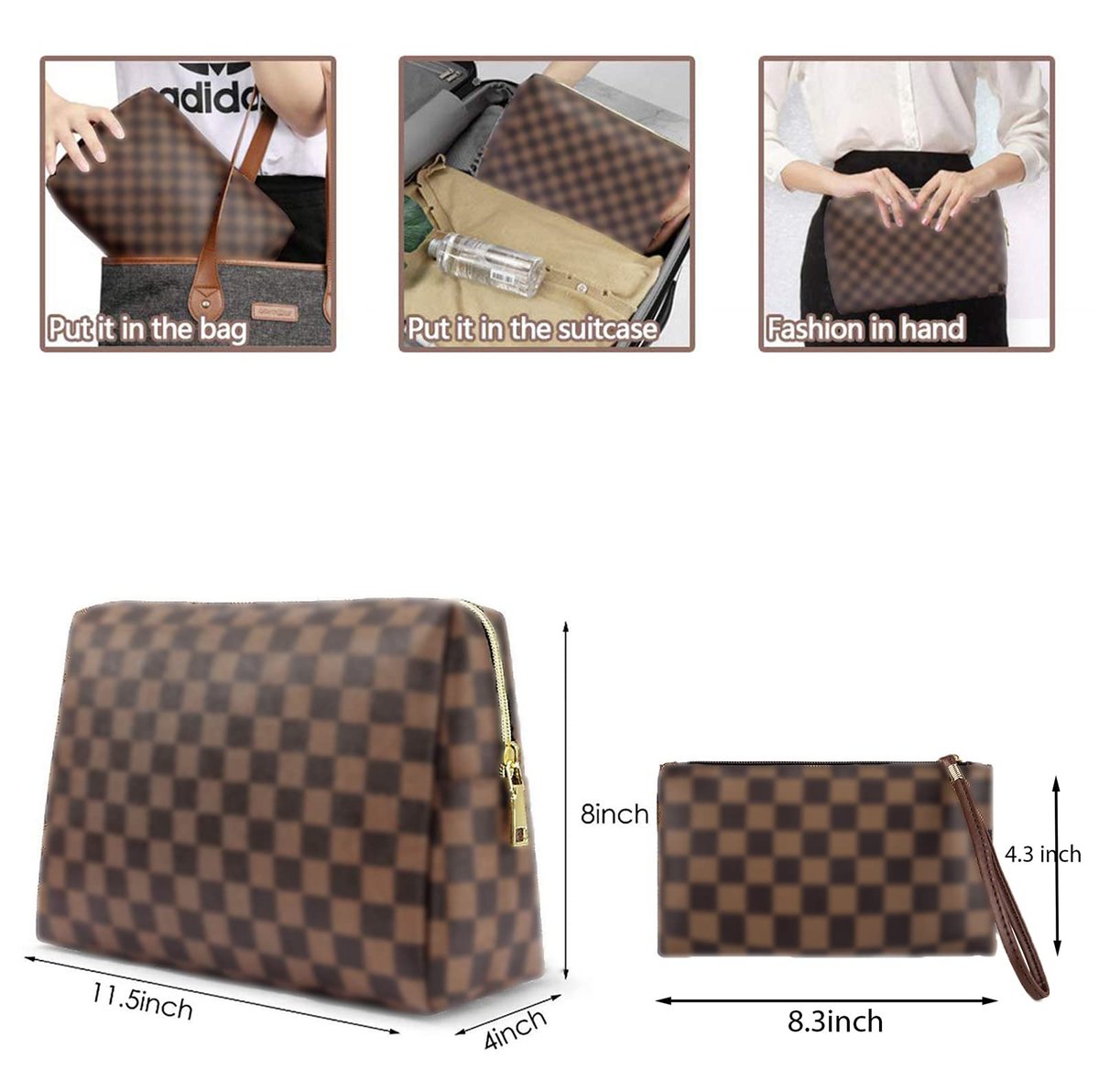 BAGCRAZY Checkered Makeup Bag Set - Elegant Travel Cosmetic Bag 2 Pack, Waterproof PU Leather Makeup Organizer for Women Avelisse