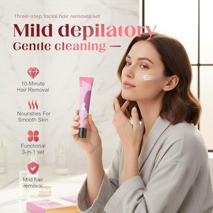 Ayland Gentle Painless Hair Remover Cream for Face - Hair Removal Trilogy Kit with Cream, Smoothing Gel & Hydration Lotion, Moisturizing Formula for All Skin Types, 1.7 Fl Oz Avelisse