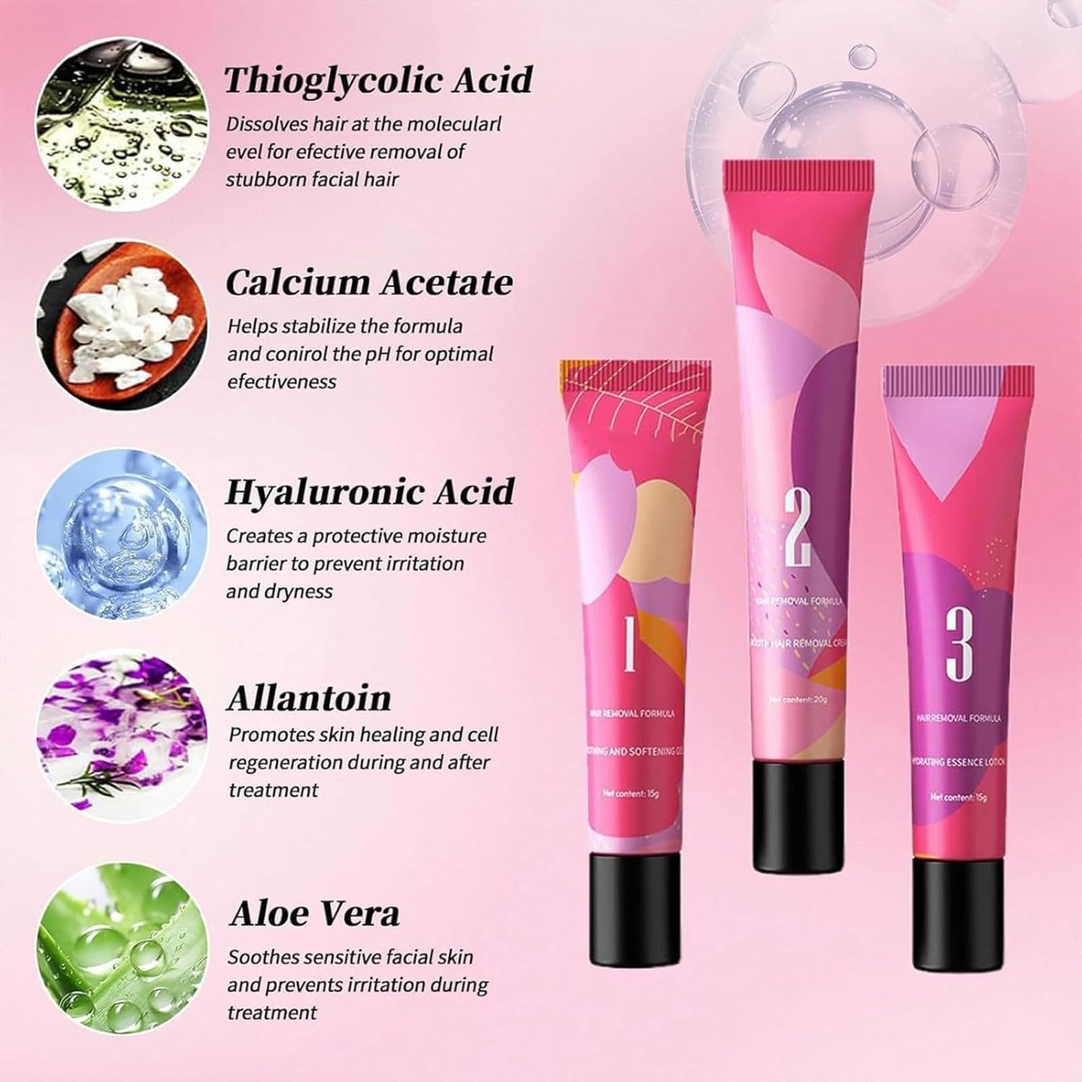 Ayland Gentle Painless Hair Remover Cream for Face - Hair Removal Trilogy Kit with Cream, Smoothing Gel & Hydration Lotion, Moisturizing Formula for All Skin Types, 1.7 Fl Oz Avelisse