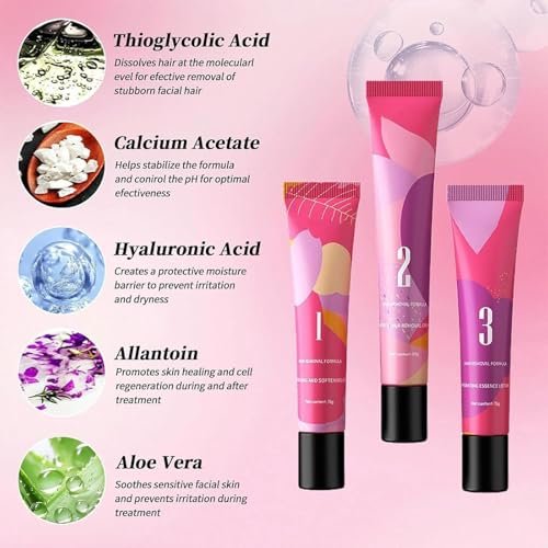 Ayland Gentle Painless Hair Remover Cream for Face - Hair Removal Trilogy Kit with Cream, Smoothing Gel & Hydration Lotion, Moisturizing Formula for All Skin Types, 1.7 Fl Oz Avelisse