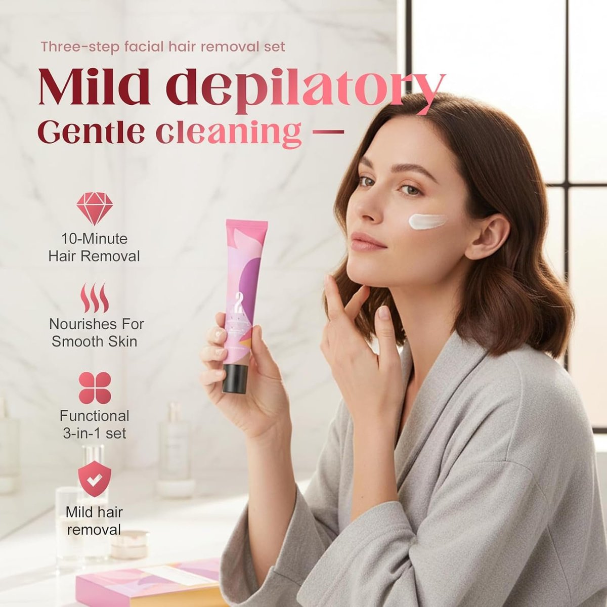 Ayland Gentle Painless Hair Remover Cream for Face - Hair Removal Trilogy Kit with Cream, Smoothing Gel & Hydration Lotion, Moisturizing Formula for All Skin Types, 1.7 Fl Oz Avelisse