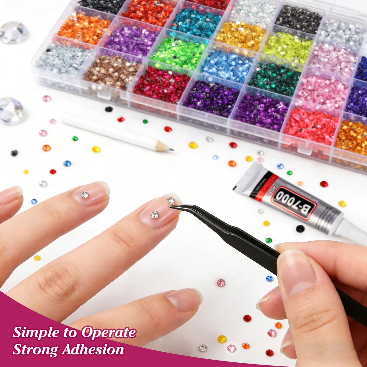 Artdone 32000Pcs Resin Rhinestones 3mm 28 Colors for Bedazzling Glitter Kit DIY, Multicolor Jelly Crystal Diamond with 3Pcs 10ml B7000 Jewelry Glue for Bedazzled Nail Art Supplies Decoration - görsel 9