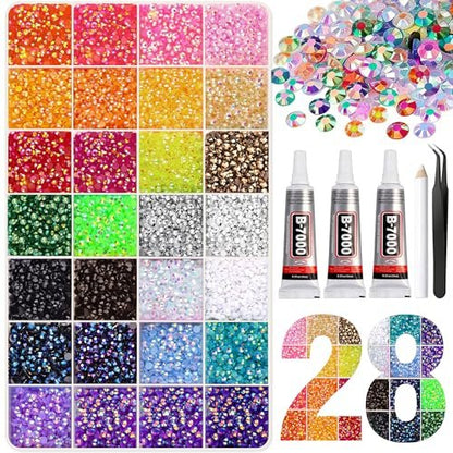 Artdone 32000Pcs Resin Rhinestones 3mm 28 Colors for Bedazzling Glitter Kit DIY, Multicolor Jelly Crystal Diamond with 3Pcs 10ml B7000 Jewelry Glue for Bedazzled Nail Art Supplies Decoration