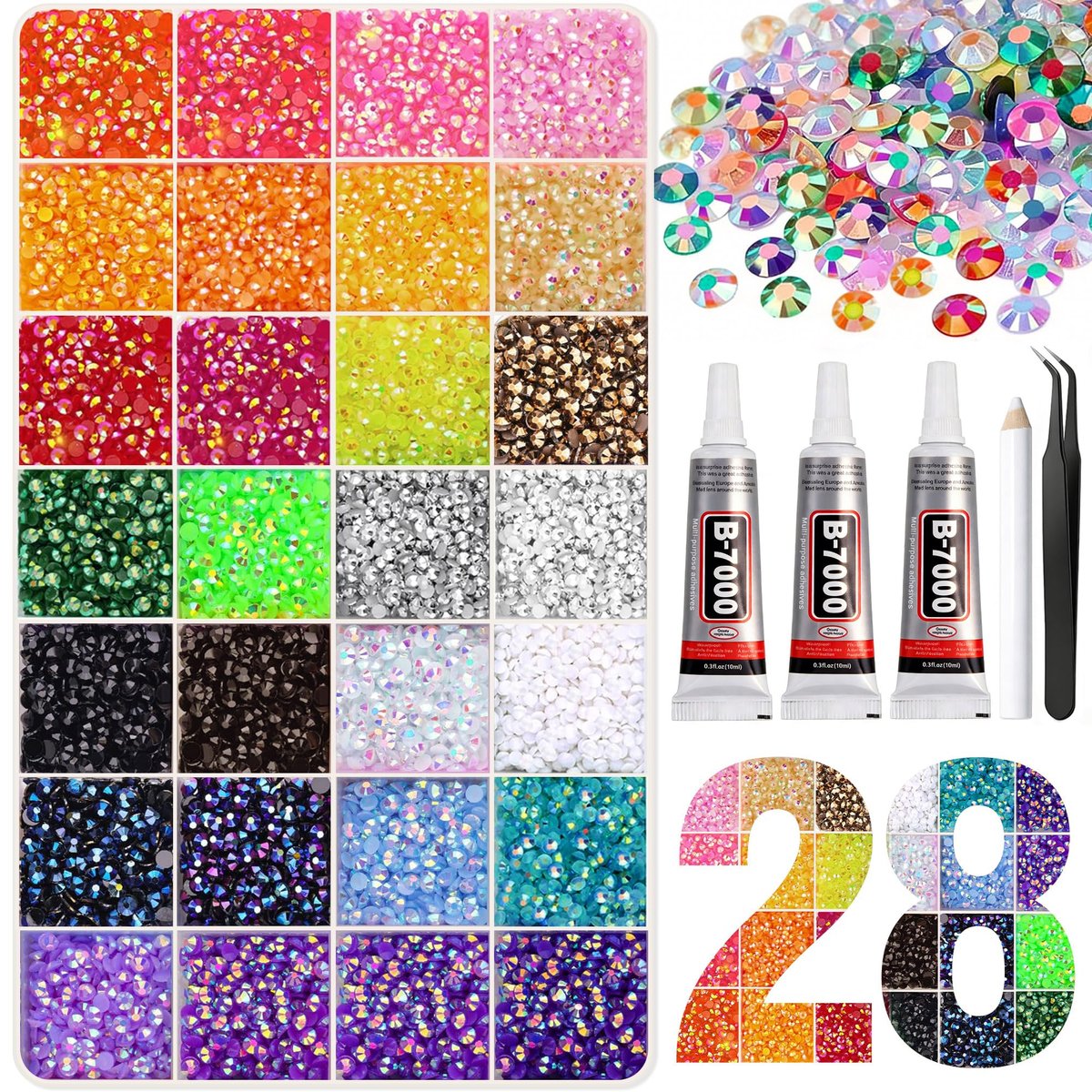 Artdone 32000Pcs Resin Rhinestones 3mm 28 Colors for Bedazzling Glitter Kit DIY, Multicolor Jelly Crystal Diamond with 3Pcs 10ml B7000 Jewelry Glue for Bedazzled Nail Art Supplies Decoration - görsel 1