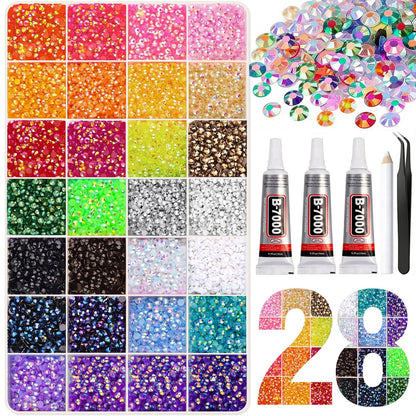 Artdone 32000Pcs Resin Rhinestones 3mm 28 Colors for Bedazzling Glitter Kit DIY, Multicolor Jelly Crystal Diamond with 3Pcs 10ml B7000 Jewelry Glue for Bedazzled Nail Art Supplies Decoration