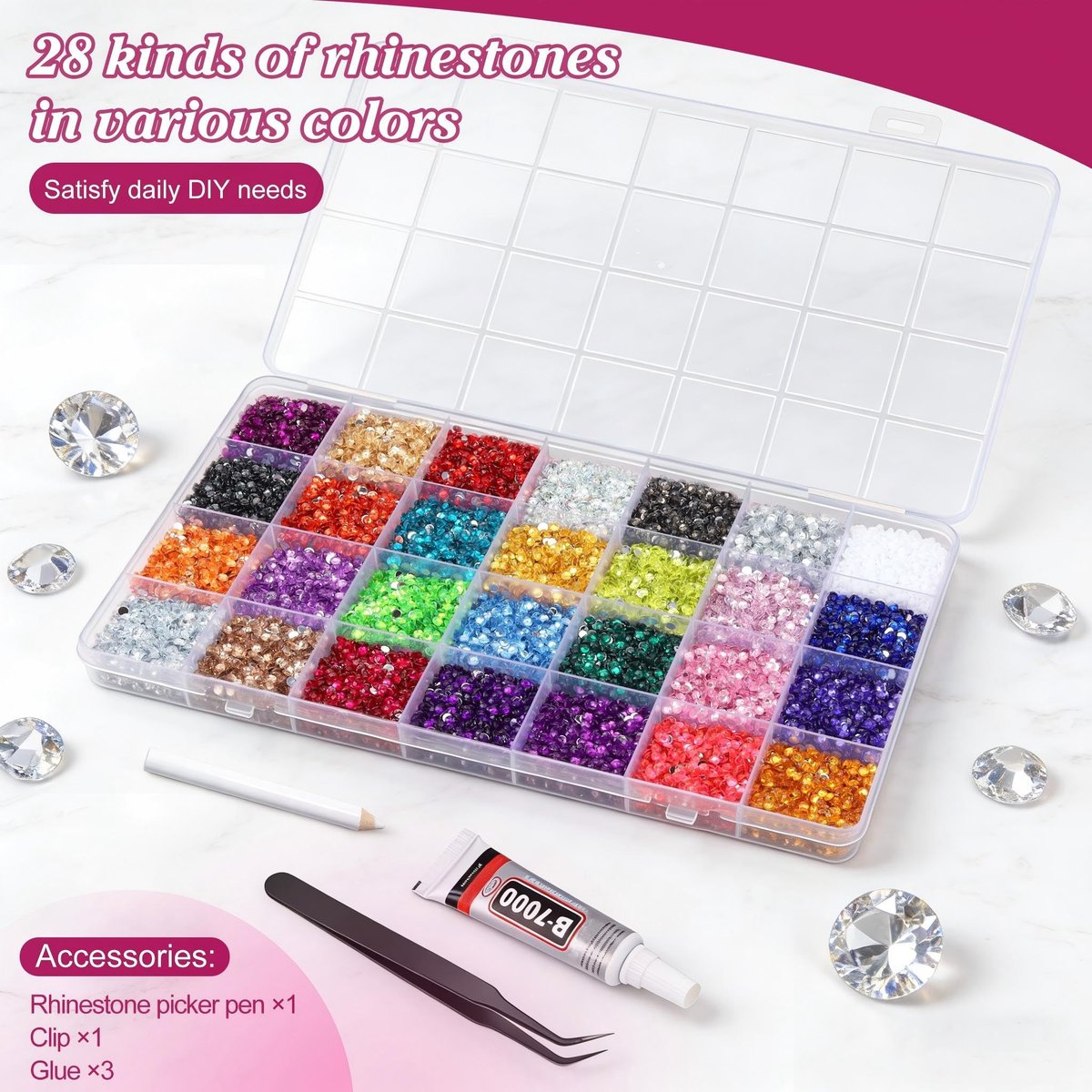 Artdone 32000Pcs Resin Rhinestones 3mm 28 Colors for Bedazzling Glitter Kit DIY, Multicolor Jelly Crystal Diamond with 3Pcs 10ml B7000 Jewelry Glue for Bedazzled Nail Art Supplies Decoration - görsel 7