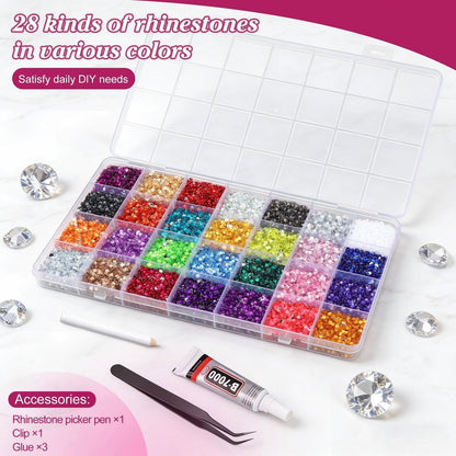 Artdone 32000Pcs Resin Rhinestones 3mm 28 Colors for Bedazzling Glitter Kit DIY, Multicolor Jelly Crystal Diamond with 3Pcs 10ml B7000 Jewelry Glue for Bedazzled Nail Art Supplies Decoration