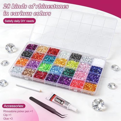Artdone 32000Pcs Resin Rhinestones 3mm 28 Colors for Bedazzling Glitter Kit DIY, Multicolor Jelly Crystal Diamond with 3Pcs 10ml B7000 Jewelry Glue for Bedazzled Nail Art Supplies Decoration