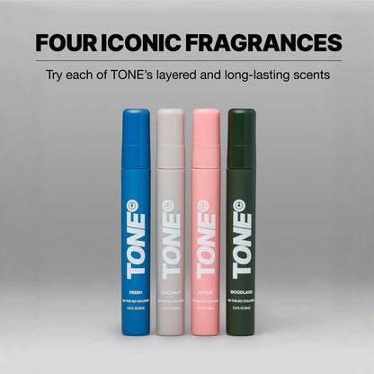 TONE 4 Piece On-The-Go Cologne Sample Pack for Men & Women – Travel Size Premium Scents (Fresh, Citrus, Coconut, Woodland)