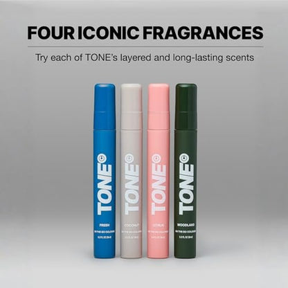 TONE 4 Piece On-The-Go Cologne Sample Pack for Men & Women – Travel Size Premium Scents (Fresh, Citrus, Coconut, Woodland)