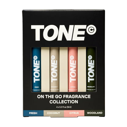 TONE 4 Piece On-The-Go Cologne Sample Pack for Men & Women – Travel Size Premium Scents (Fresh, Citrus, Coconut, Woodland)
