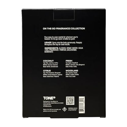 TONE 4 Piece On-The-Go Cologne Sample Pack for Men & Women – Travel Size Premium Scents (Fresh, Citrus, Coconut, Woodland)