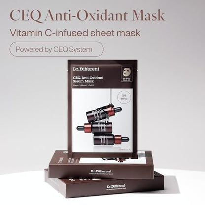 Dr.Different CEQ Anti-Oxidant Serum Mask - Vitamin C Sheet Mask with Vitamin E & CoQ10 for Intensive Hydration & Even Skin Tone - K-Skincare by Korean Dermatologist (5 Sheets)