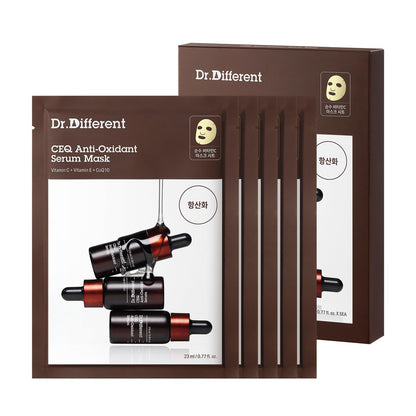 Dr.Different CEQ Anti-Oxidant Serum Mask - Vitamin C Sheet Mask with Vitamin E & CoQ10 for Intensive Hydration & Even Skin Tone - K-Skincare by Korean Dermatologist (5 Sheets)
