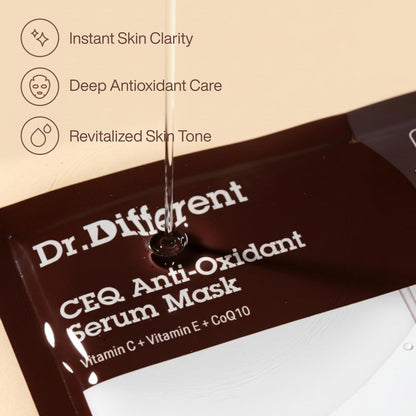 Dr.Different CEQ Anti-Oxidant Serum Mask - Vitamin C Sheet Mask with Vitamin E & CoQ10 for Intensive Hydration & Even Skin Tone - K-Skincare by Korean Dermatologist (5 Sheets)