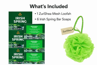 Irish Spring Bar Soap Bundle with ZuriShea Mesh Bath Sponge – 6-Pack Bar Soap (4 oz each) & Exfoliating Loofah