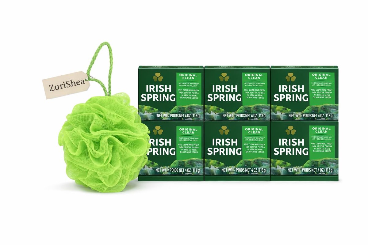 Irish Spring Bar Soap Bundle with ZuriShea Mesh Bath Sponge – 6-Pack Bar Soap (4 oz each) & Exfoliating Loofah - görsel 1