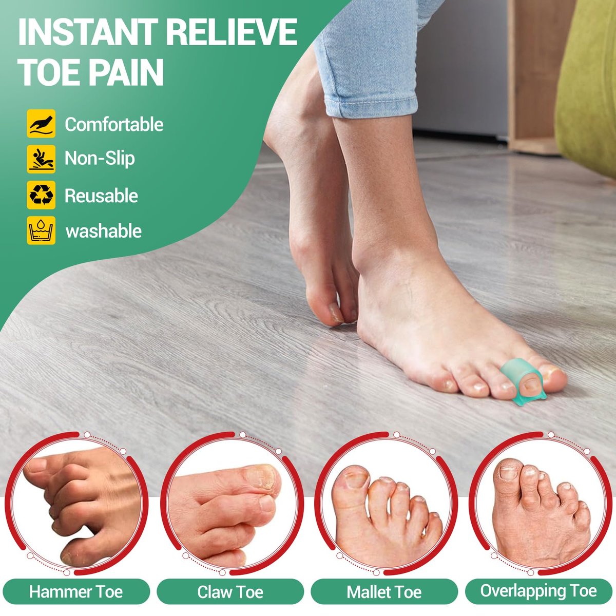 TASZOOS Hammer Toe Straightener Corrector for Women & Men - Gel Hammer Toe Straightener - Toe Splints - Realign Bent, Curled, Crooked, Claw, Hammer Toes - 3 Different Sizes (S/M/L) - 6pcs (Green) - görsel 3