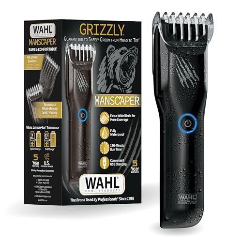 Wahl Manscaper Grizzly Rechargeable Groin & Body Hair Trimmer for Men – Extra Wide Stainless Steel Blade, Waterproof Wet/Dry, 120-Minute Runtime, USB Charging – Black Avelisse