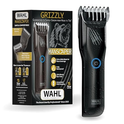 Wahl Manscaper Grizzly Rechargeable Groin & Body Hair Trimmer for Men – Extra Wide Stainless Steel Blade, Waterproof Wet/Dry, 120-Minute Runtime, USB Charging – Black Avelisse
