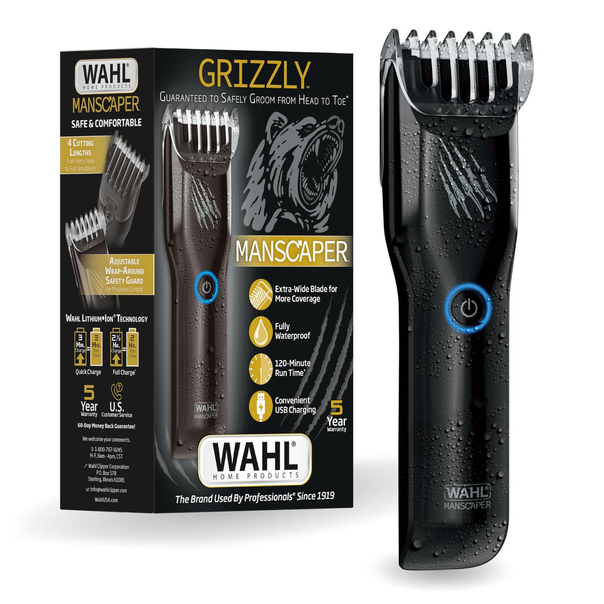 Wahl Manscaper Grizzly Rechargeable Groin & Body Hair Trimmer for Men – Extra Wide Stainless Steel Blade, Waterproof Wet/Dry, 120-Minute Runtime, USB Charging – Black Avelisse