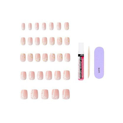 KISS CORE Press On Nails 'Hoppy Days' – Short Beige Squoval Acrylic Nails with Glue, 32-Piece Set